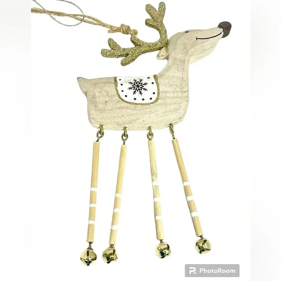 Holiday Ornament Deer With Glitter Antler’s Bells Dangle Legs - Picture 2 of 3